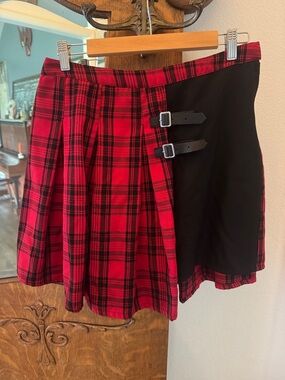 Hot Topic Red and Black Plaid Mini Skirt with Buckle Panels